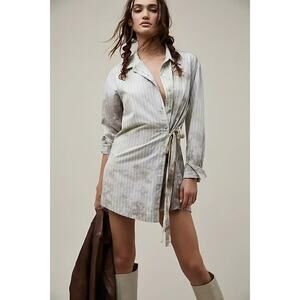 Free People Wrap Shirtdress - Blue Stripe, Tie-Dye Effect, Relaxed Fit (Size S)